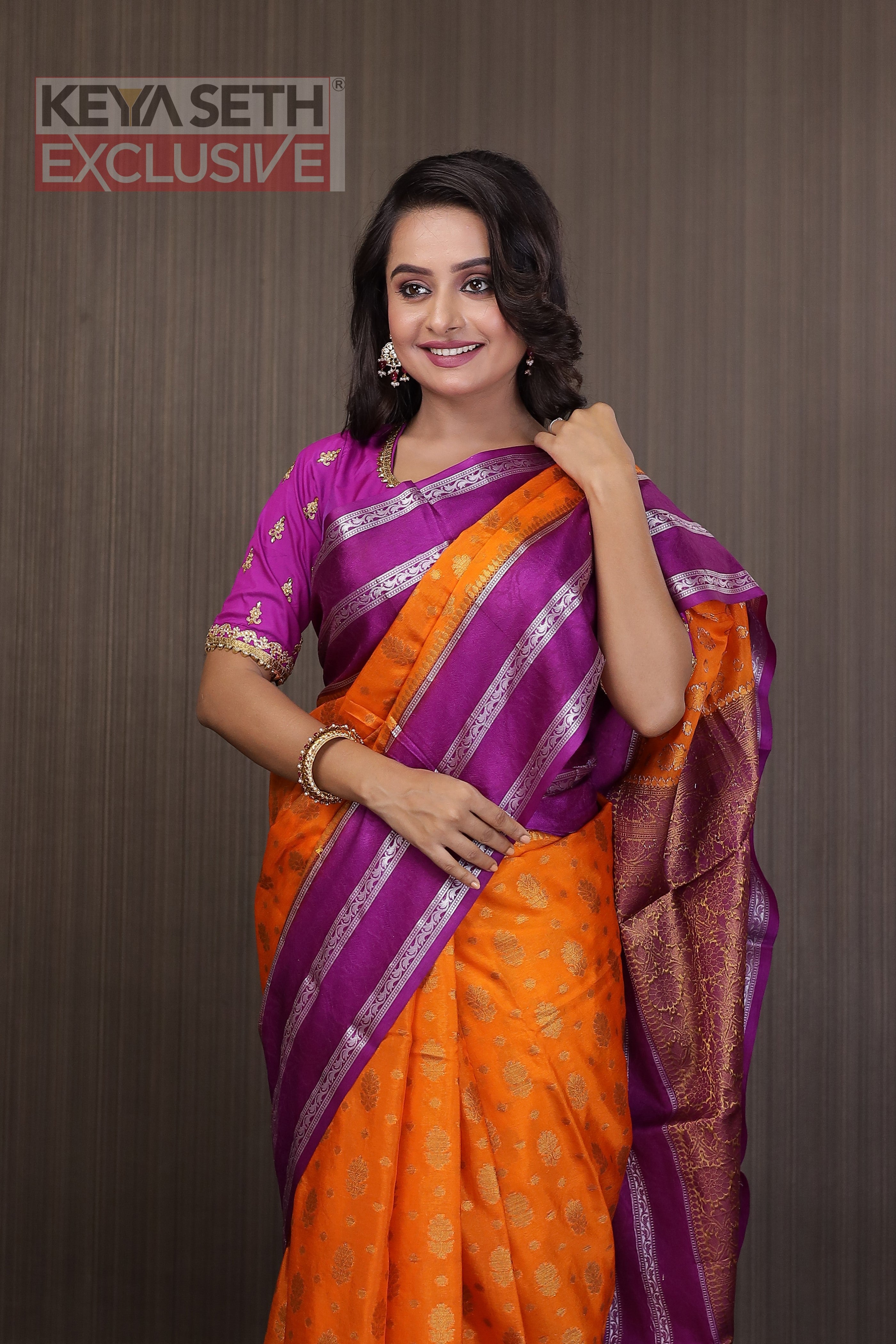 Deep Orange Soft Chanderi Silk Saree with Magenta Border - Keya Seth Exclusive