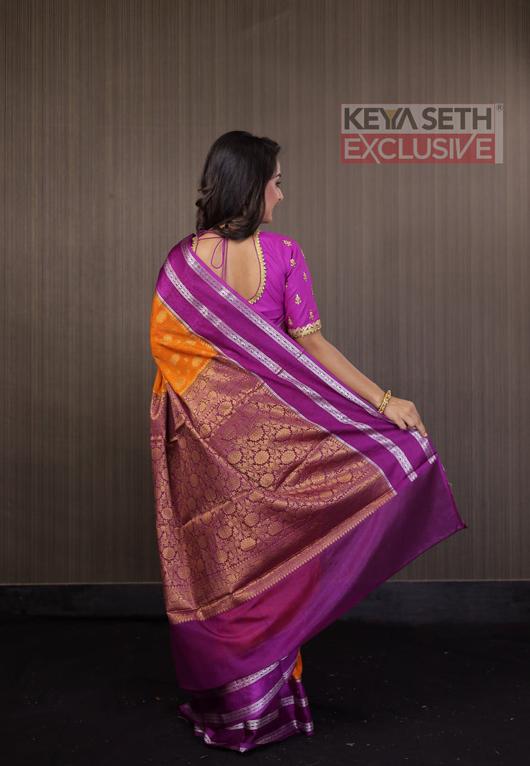 Deep Orange Soft Chanderi Silk Saree with Magenta Border - Keya Seth Exclusive