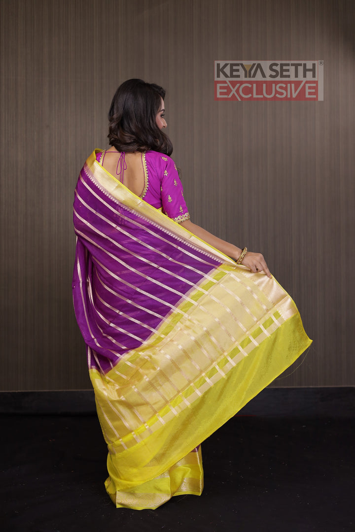 Magenta and Yellow Chanderi Silk Saree - Keya Seth Exclusive