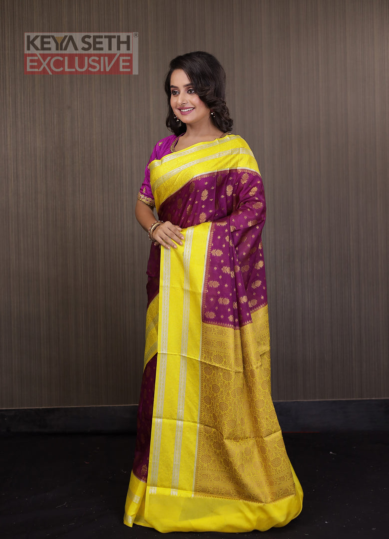 Magenta Soft Chanderi Silk Saree with Lemon Yellow Border - Keya Seth Exclusive