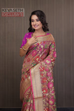 Load image into Gallery viewer, Brown Minakari Organza Saree with Pink Border - Keya Seth Exclusive