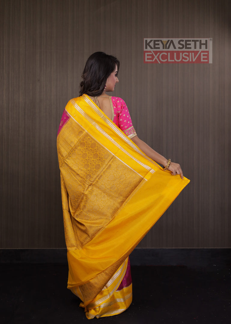 Pink Soft Chanderi Silk Saree with Yellow Border - Keya Seth Exclusive