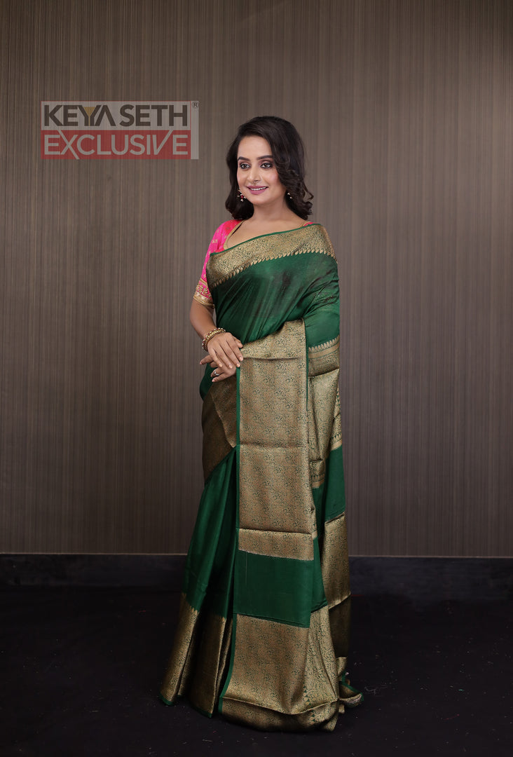 Deep Green Soft Silk Mahapar Saree - Keya Seth Exclusive