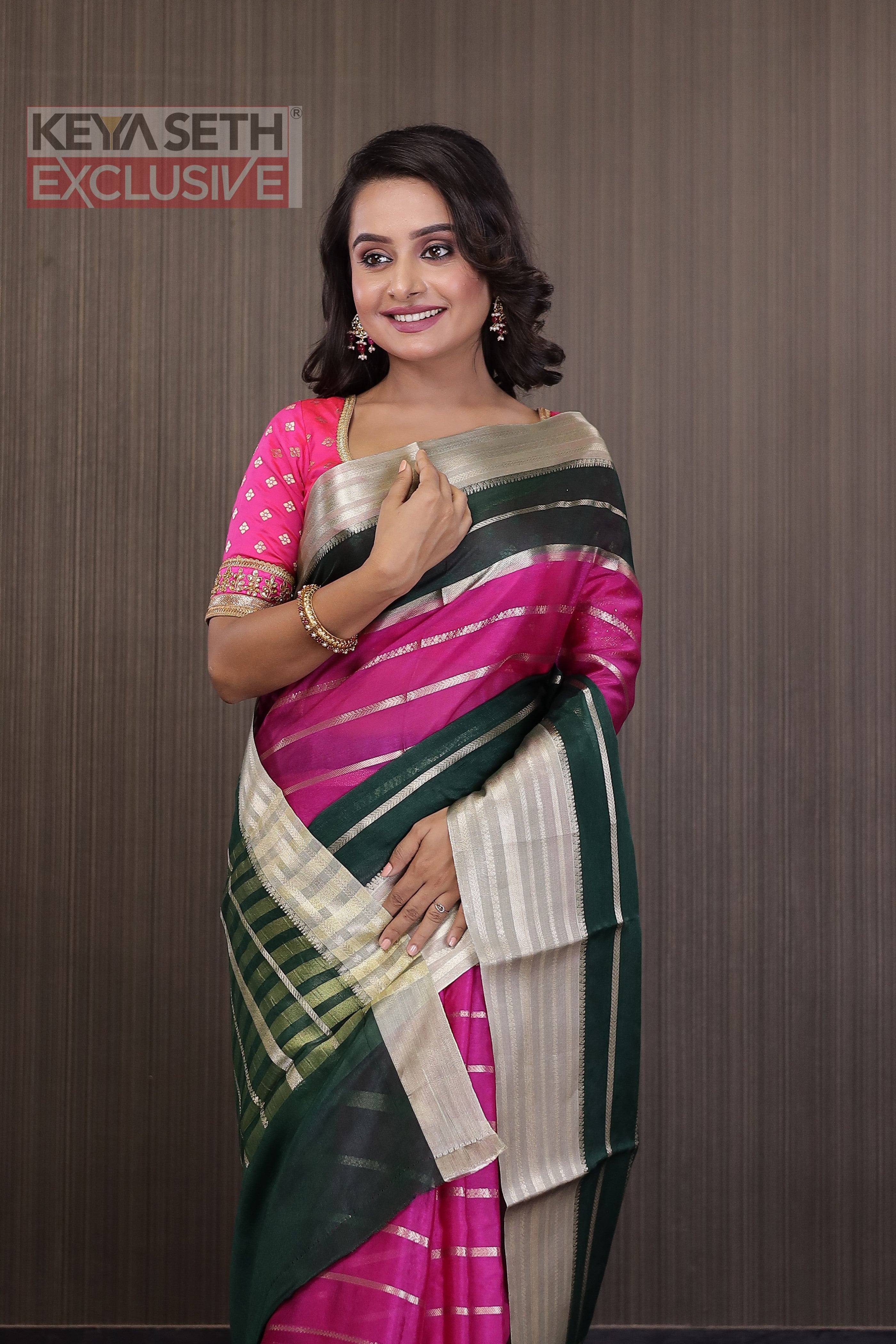 Pink and Deep Green Chanderi Silk Saree - Keya Seth Exclusive