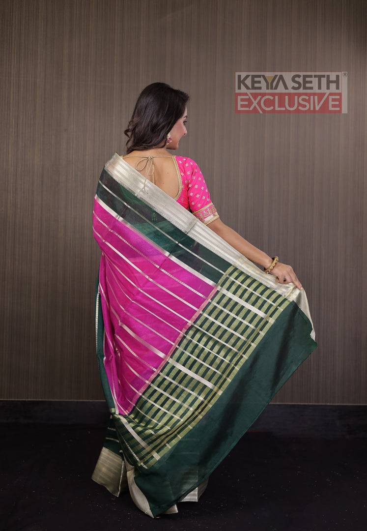 Pink and Deep Green Chanderi Silk Saree - Keya Seth Exclusive