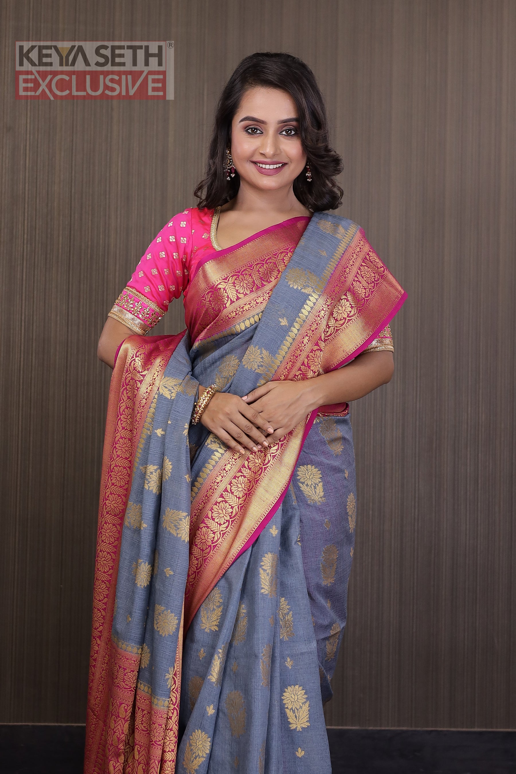 Grey Matka Saree with Pink Border - Keya Seth Exclusive