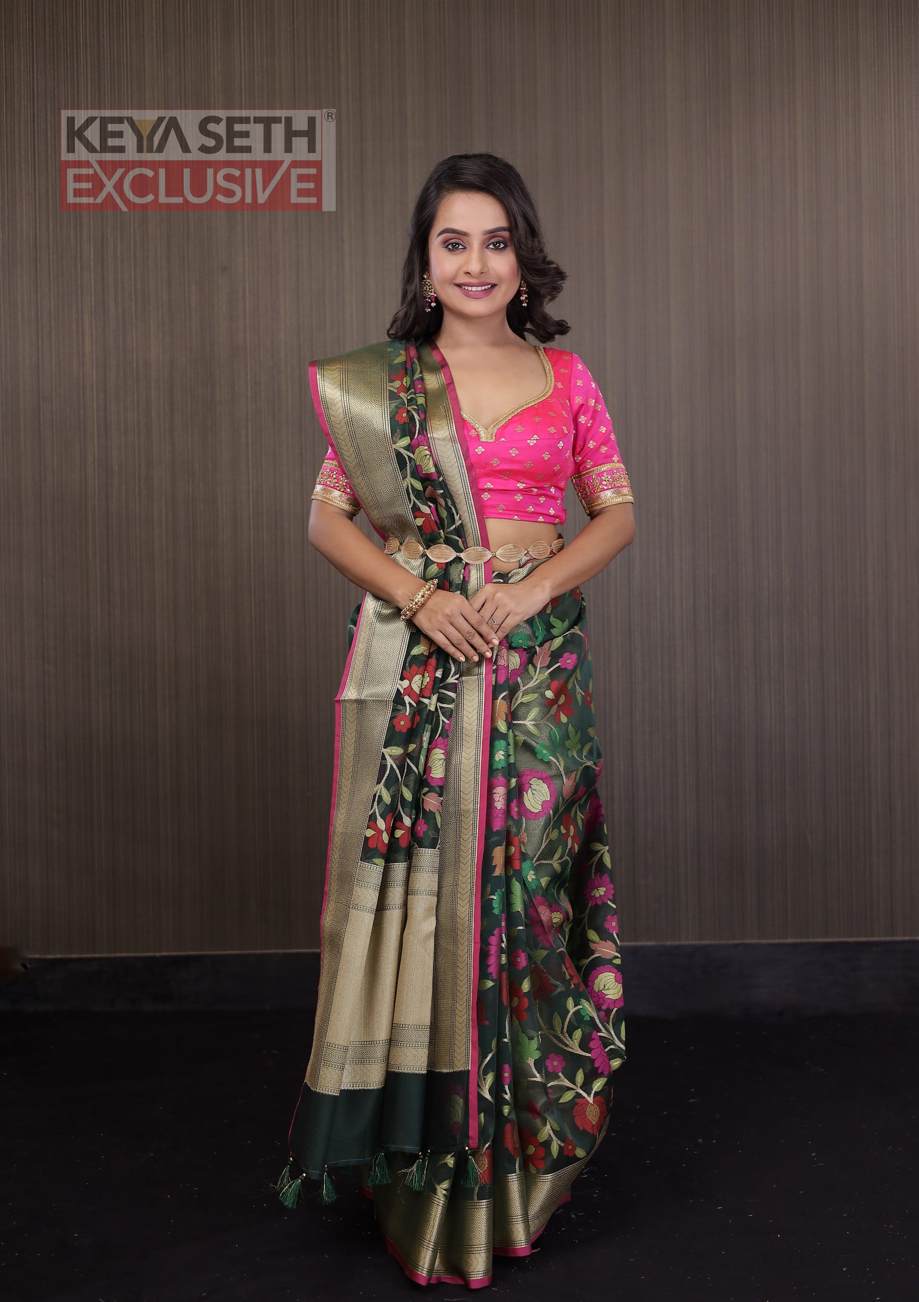 Green Minakari Organza Saree with Pink Border - Keya Seth Exclusive