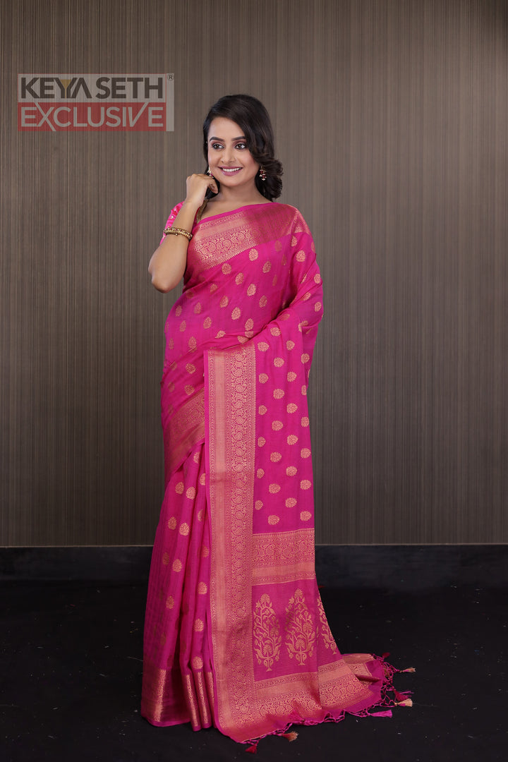 Deep Pink Matka Saree with Brocade Border - Keya Seth Exclusive