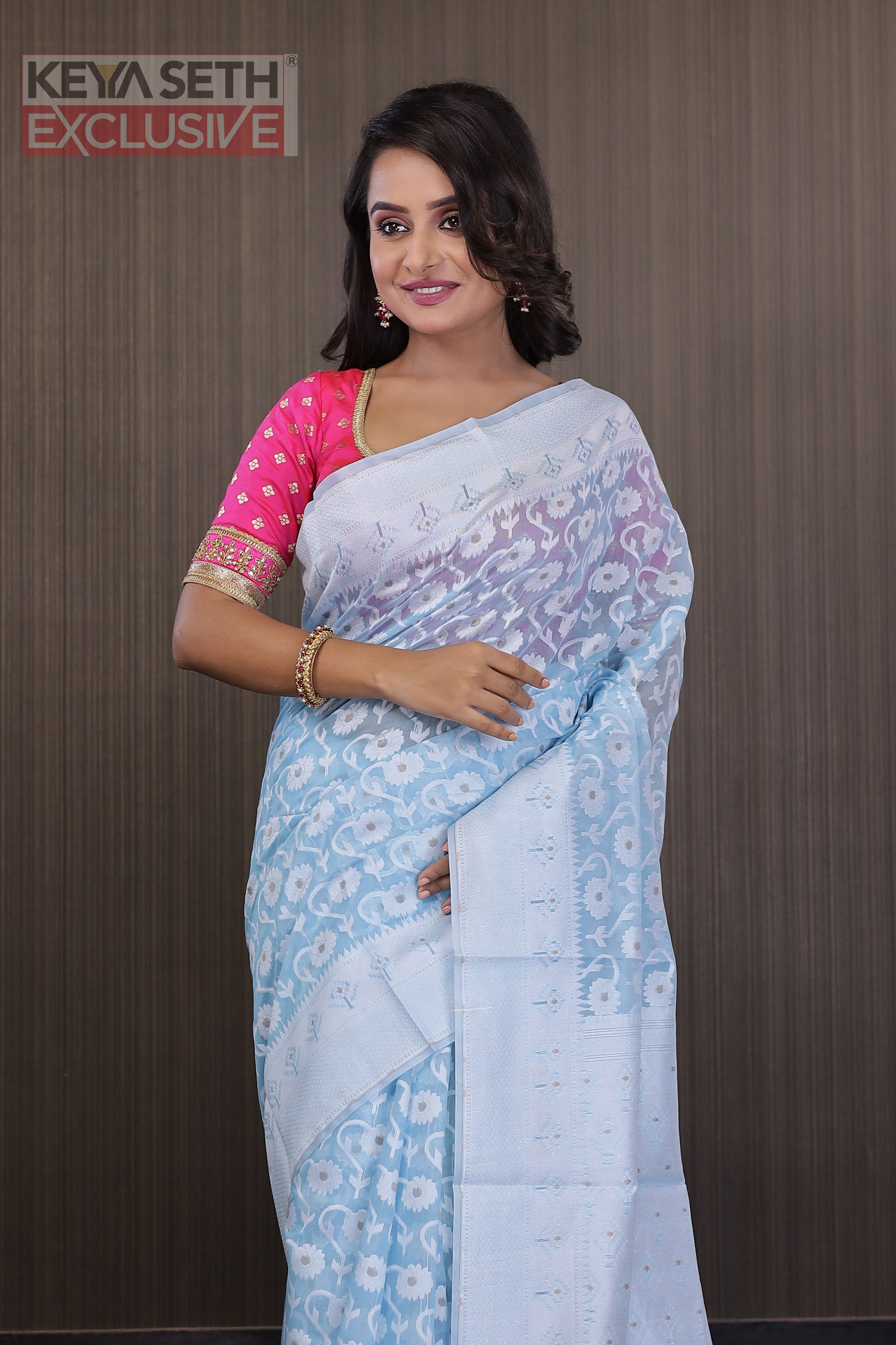 Sky Blue Soft Cotton Jamdani Saree - Keya Seth Exclusive