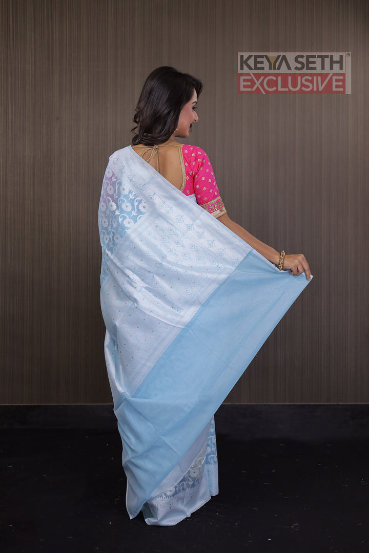 Sky Blue Soft Cotton Jamdani Saree - Keya Seth Exclusive