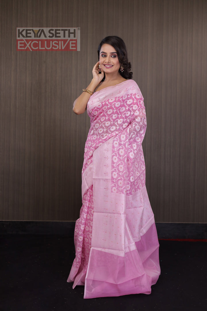 Light Pink Soft Cotton Jamdani Saree - Keya Seth Exclusive