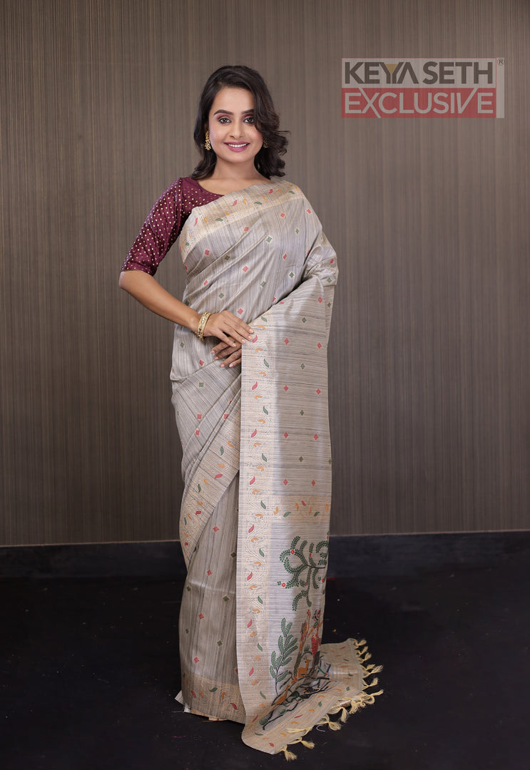Grey Pattachitra Tussar Silk Saree - Keya Seth Exclusive