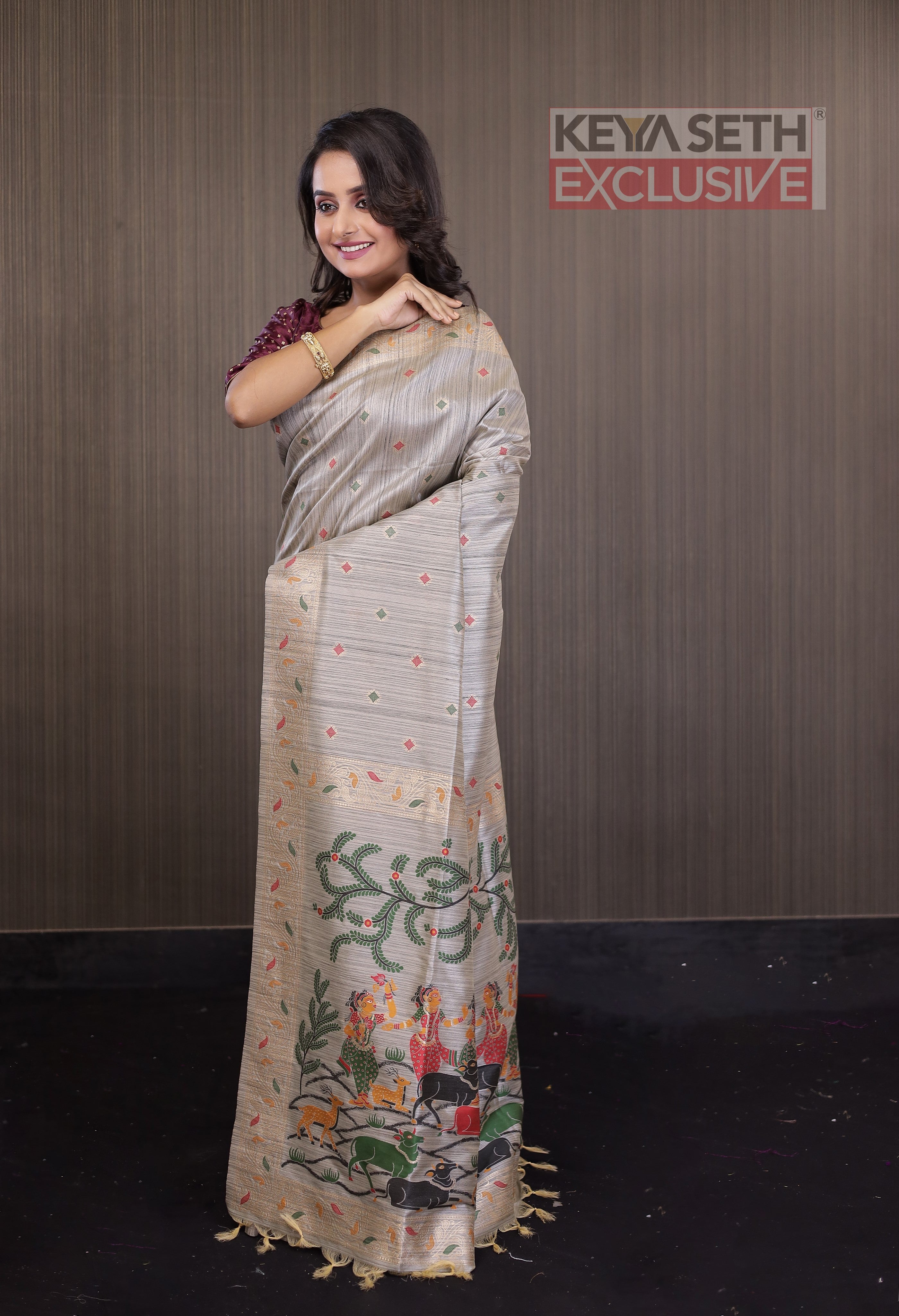 Grey Pattachitra Tussar Silk Saree - Keya Seth Exclusive