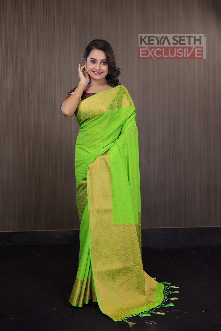 Parrot Green Matka Saree with Brocade Border - Keya Seth Exclusive