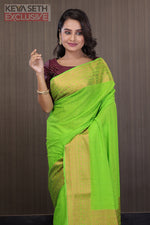 Load image into Gallery viewer, Parrot Green Matka Saree with Brocade Border - Keya Seth Exclusive
