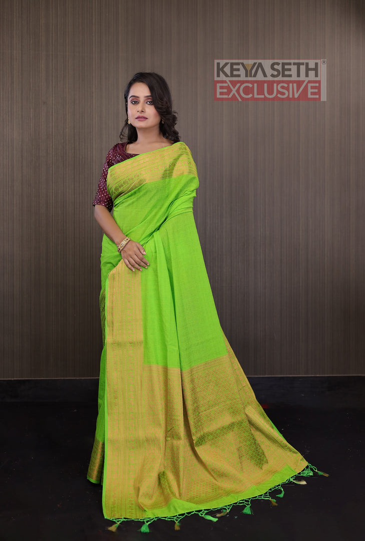 Parrot Green Matka Saree with Brocade Border - Keya Seth Exclusive