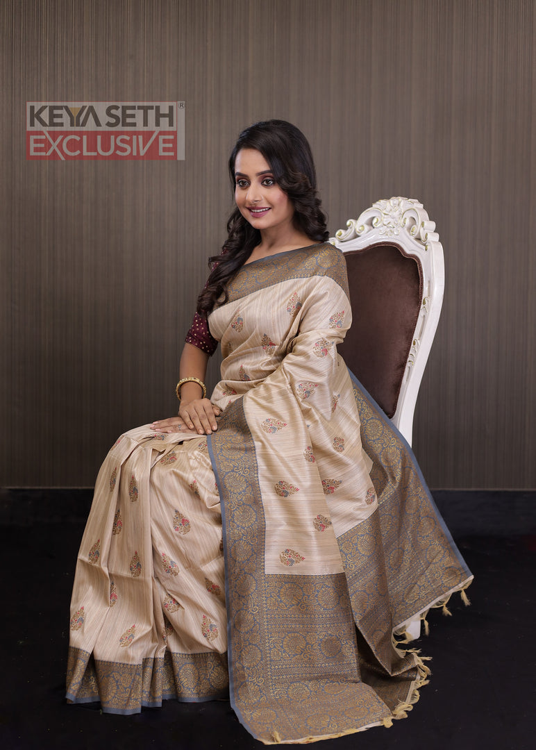Beige and Steel Grey Tussar Saree - Keya Seth Exclusive