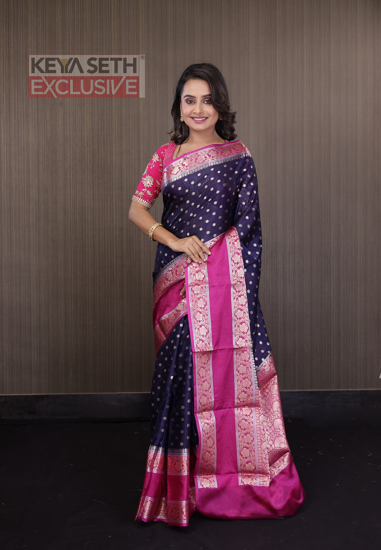 Navy Blue Soft Chanderi Silk Saree with Pink Border - Keya Seth Exclusive