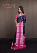 Load image into Gallery viewer, Navy Blue Soft Chanderi Silk Saree with Pink Border - Keya Seth Exclusive
