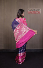 Load image into Gallery viewer, Navy Blue Soft Chanderi Silk Saree with Pink Border - Keya Seth Exclusive

