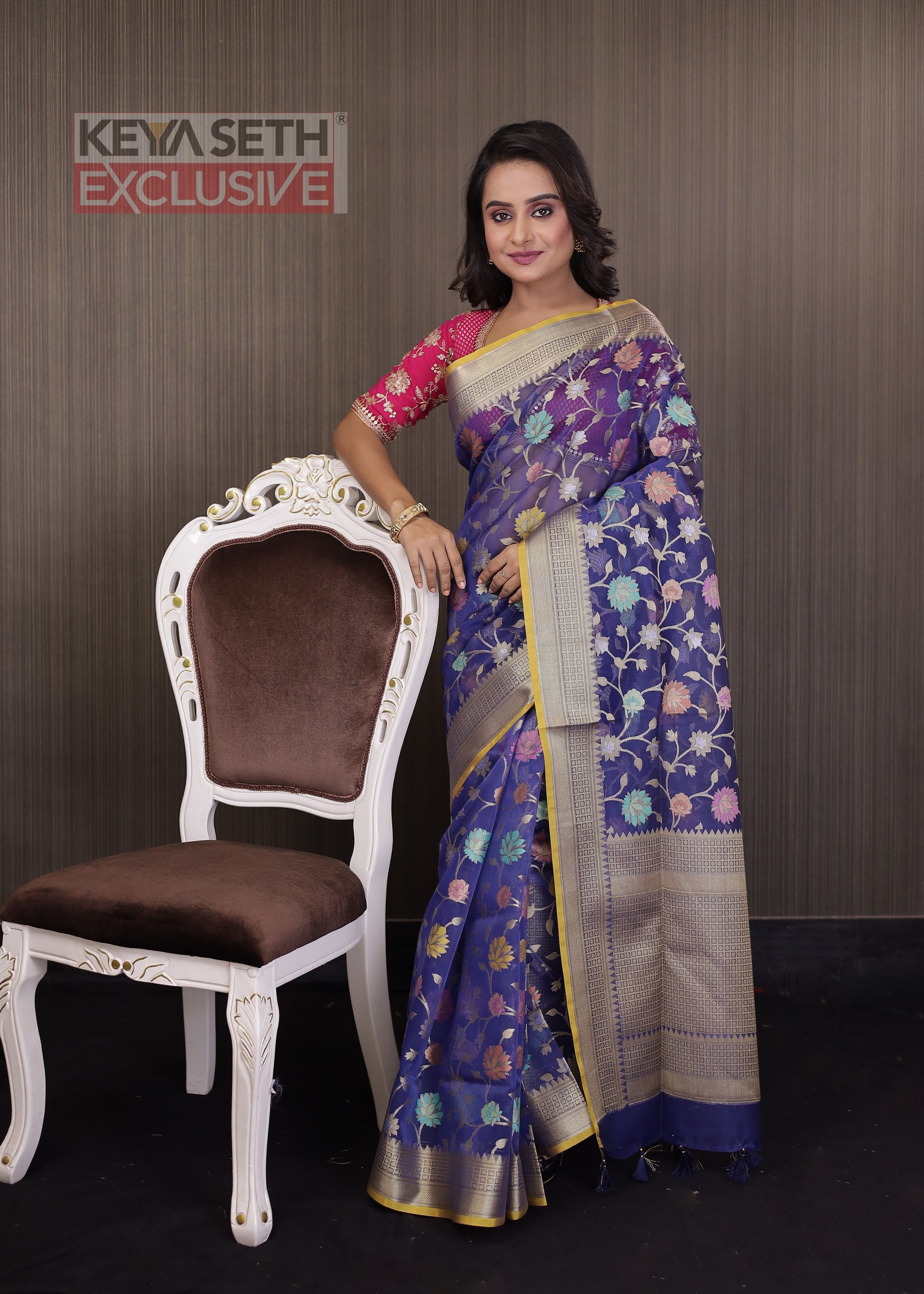 Navy Blue Minakari Organza Saree with Yellow Border - Keya Seth Exclusive