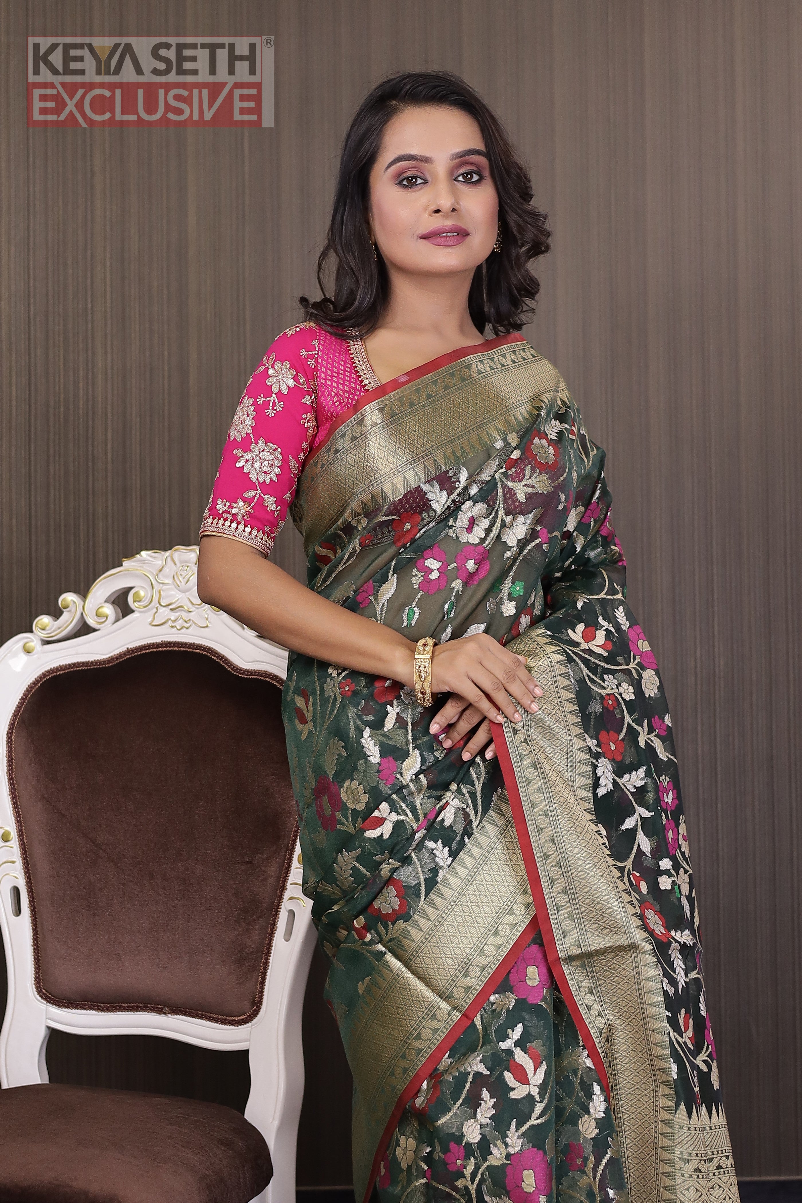 Deep Green Minakari Organza Saree with Red Border - Keya Seth Exclusive