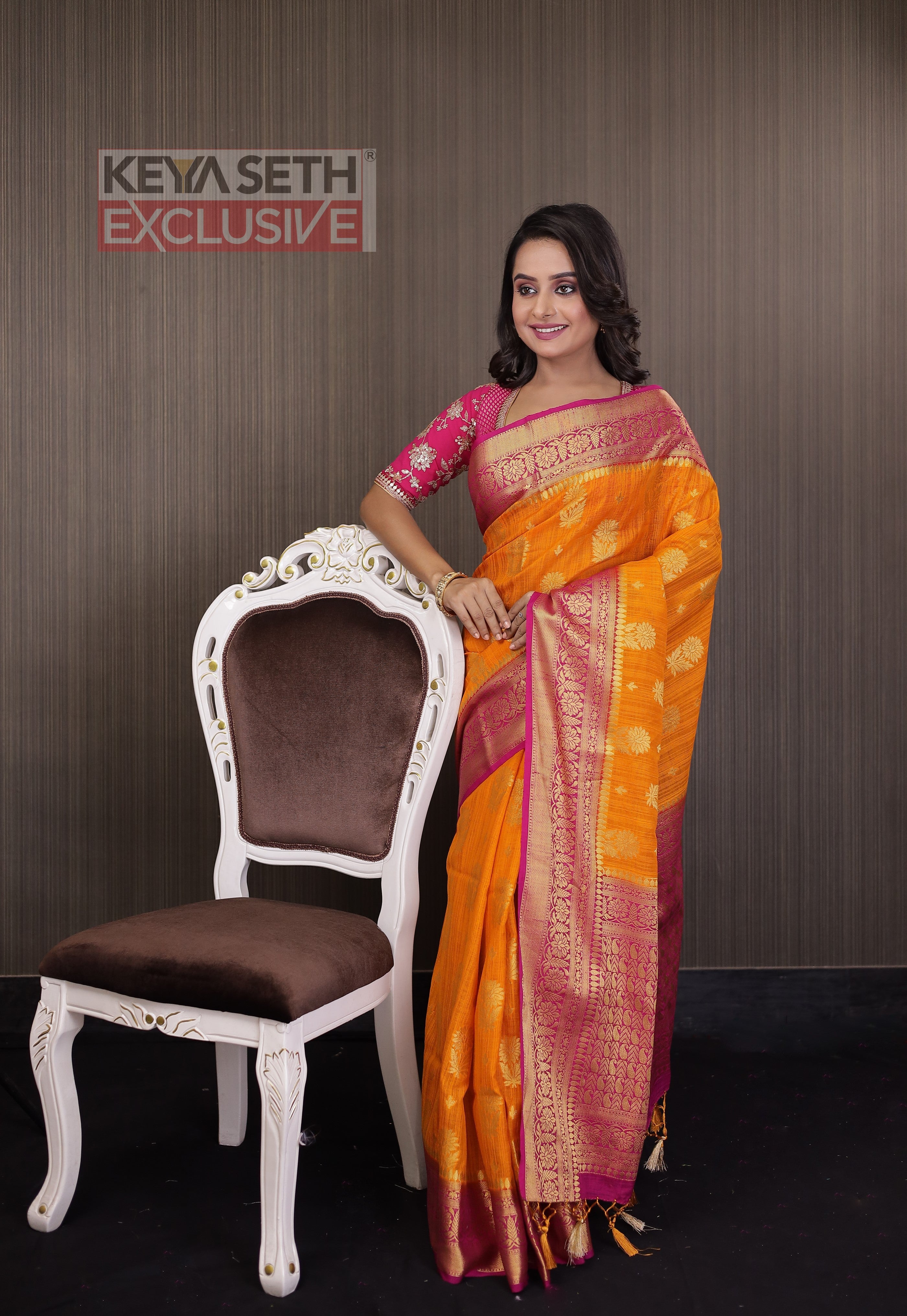 Orange Matka Saree with Pink Border - Keya Seth Exclusive