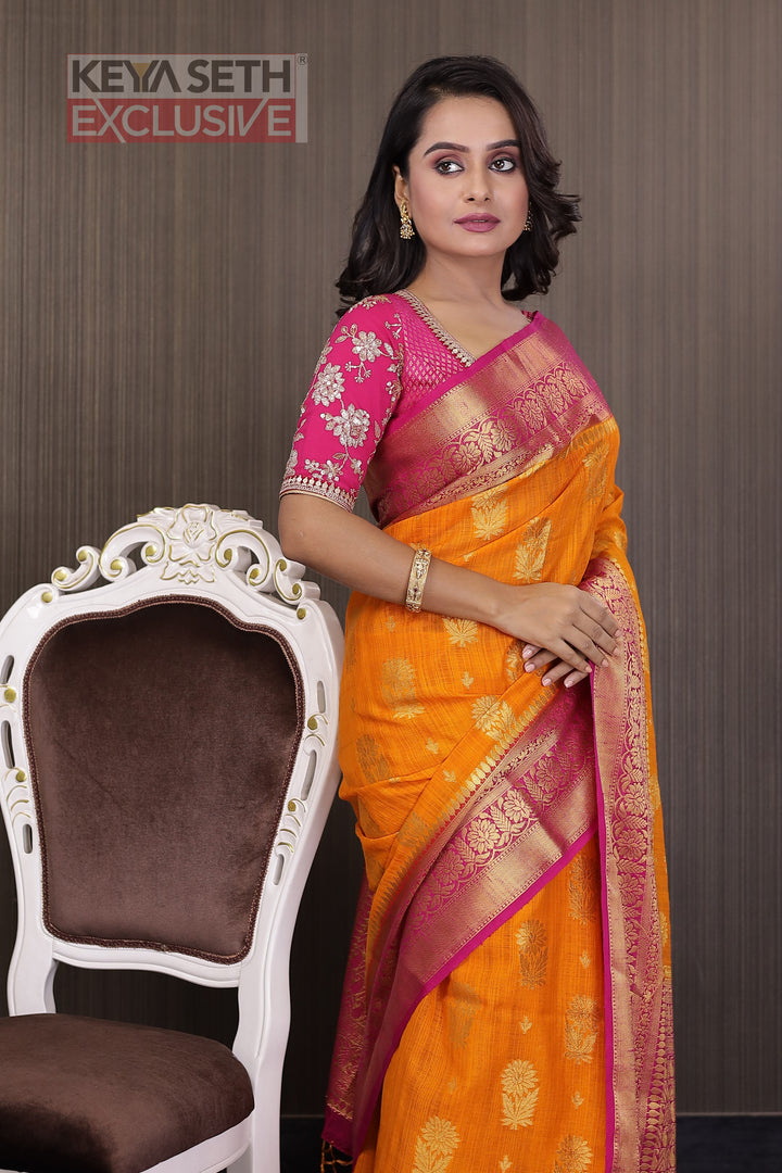 Orange Matka Saree with Pink Border - Keya Seth Exclusive