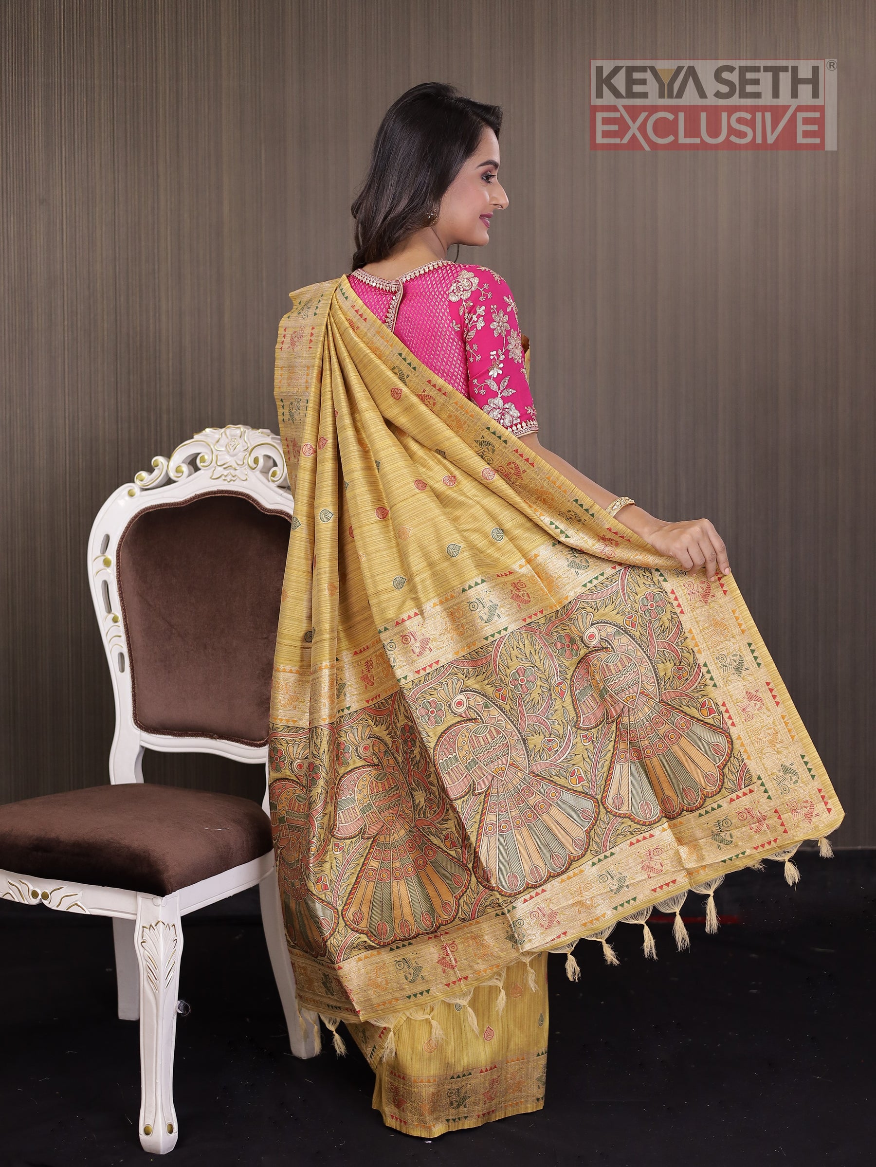 Yellow Ochre Pattachitra Tussar Silk Saree - Keya Seth Exclusive