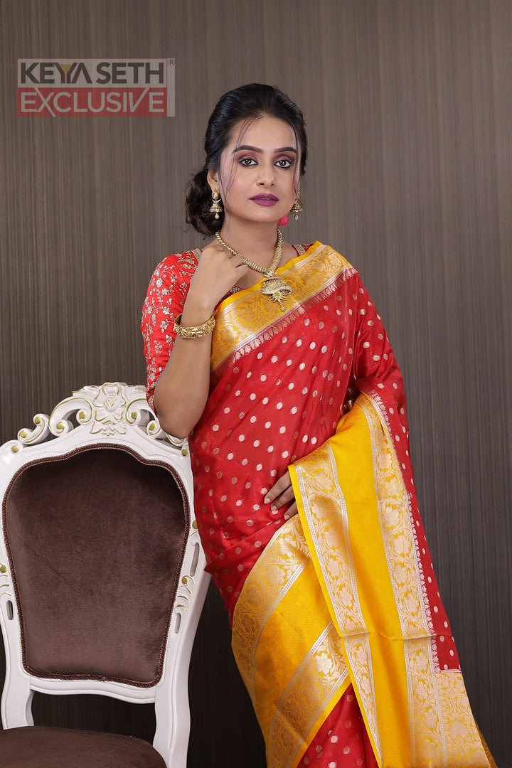 Red Soft Chanderi Silk Saree with Yellow Border - Keya Seth Exclusive