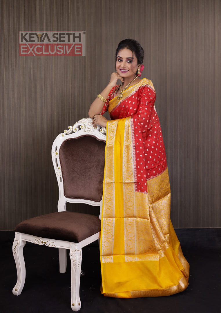 Red Soft Chanderi Silk Saree with Yellow Border - Keya Seth Exclusive