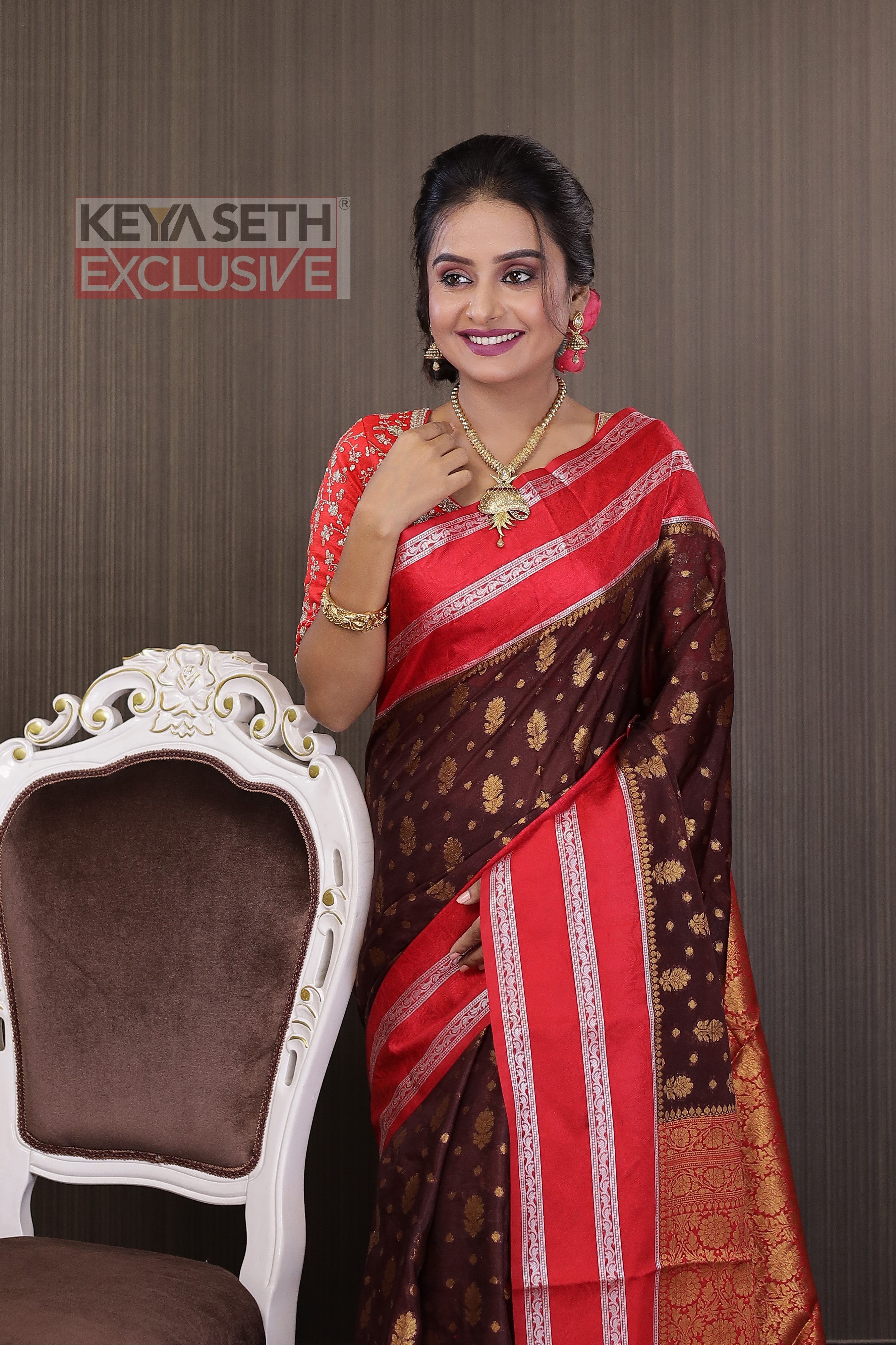 Brown Soft Chanderi Silk Saree with Red Border - Keya Seth Exclusive