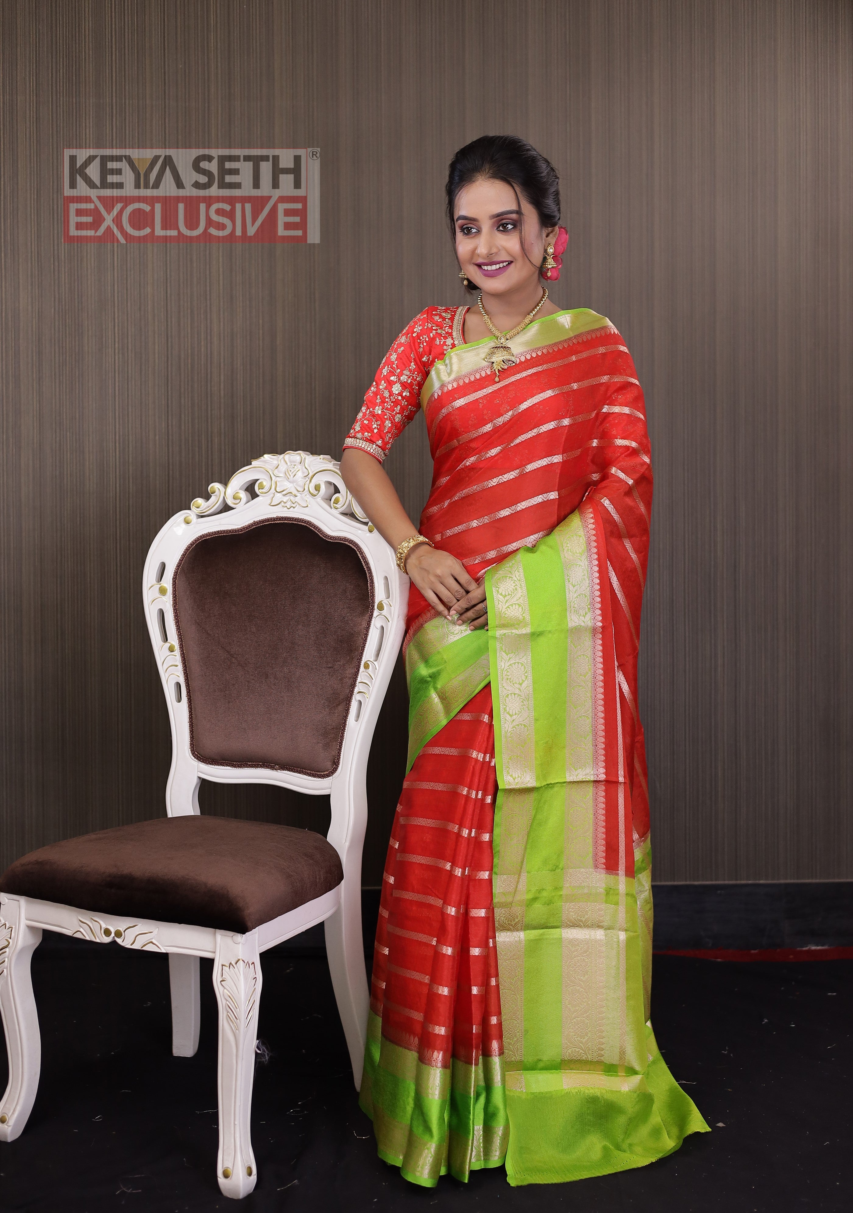 Orange and Green Chanderi Silk Saree - Keya Seth Exclusive