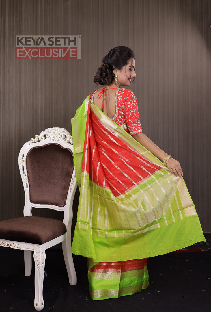 Orange and Green Chanderi Silk Saree - Keya Seth Exclusive