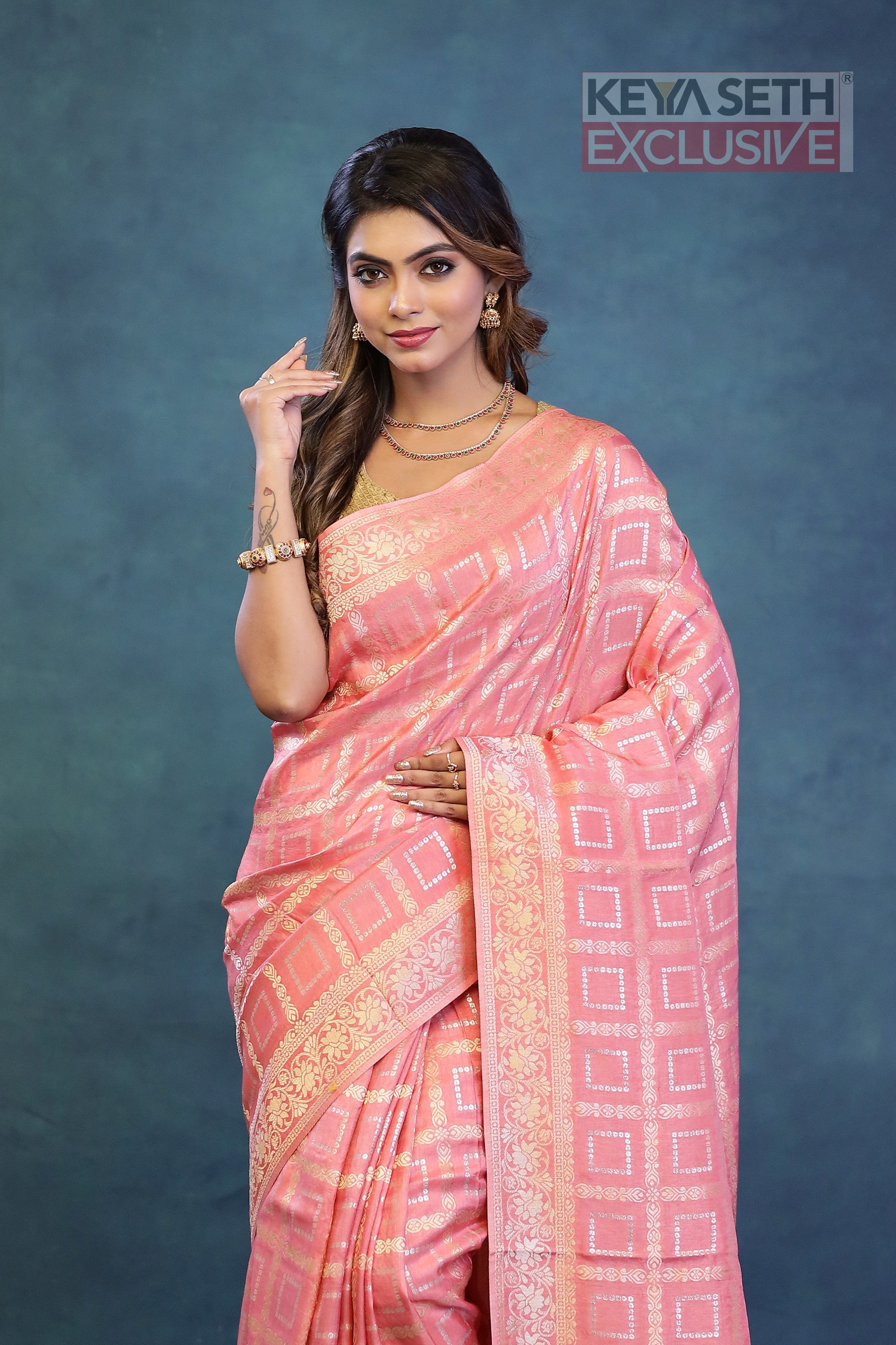 Light Peach Dola Silk Saree - Keya Seth Exclusive