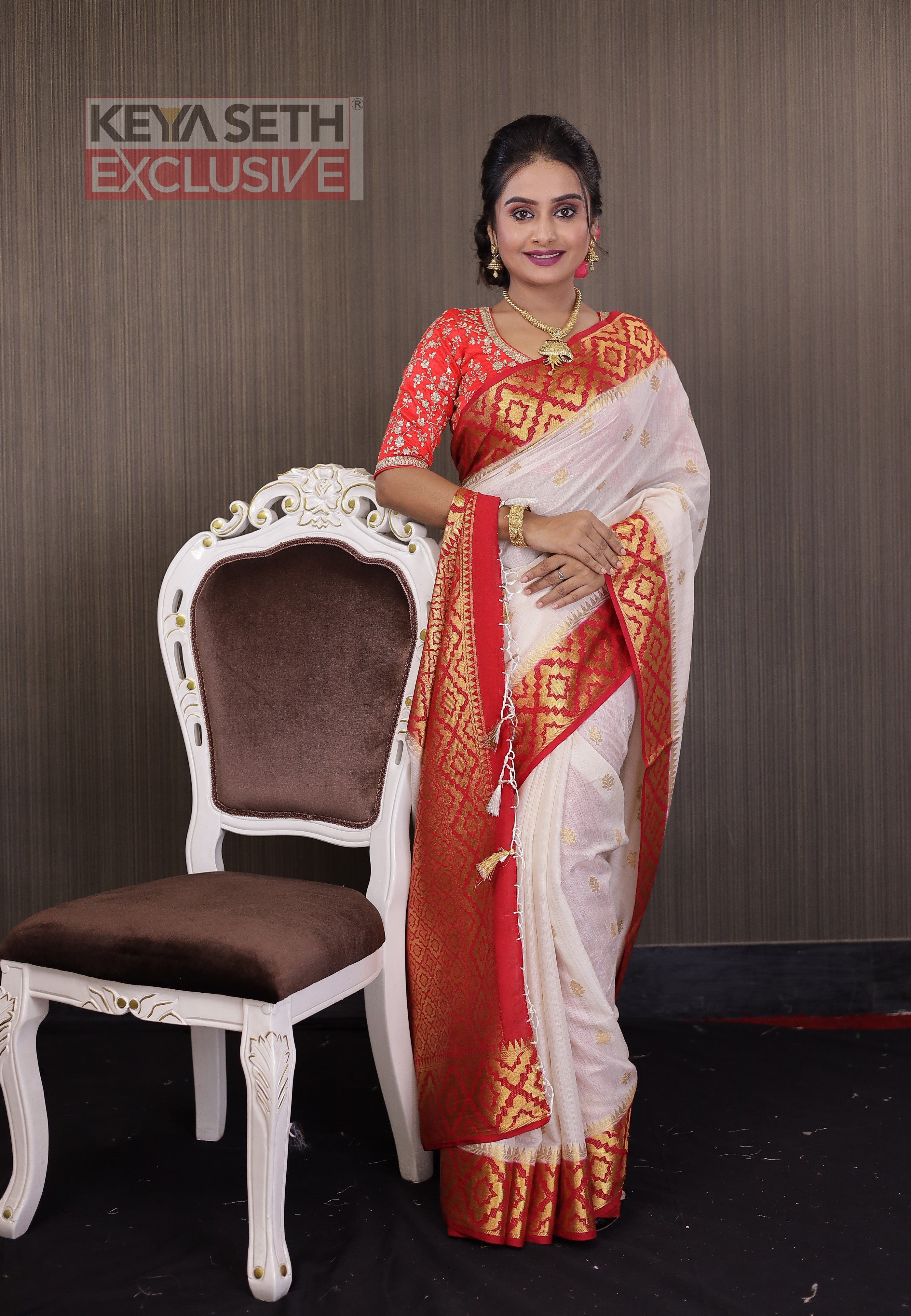 White with Red Matka Saree - Keya Seth Exclusive