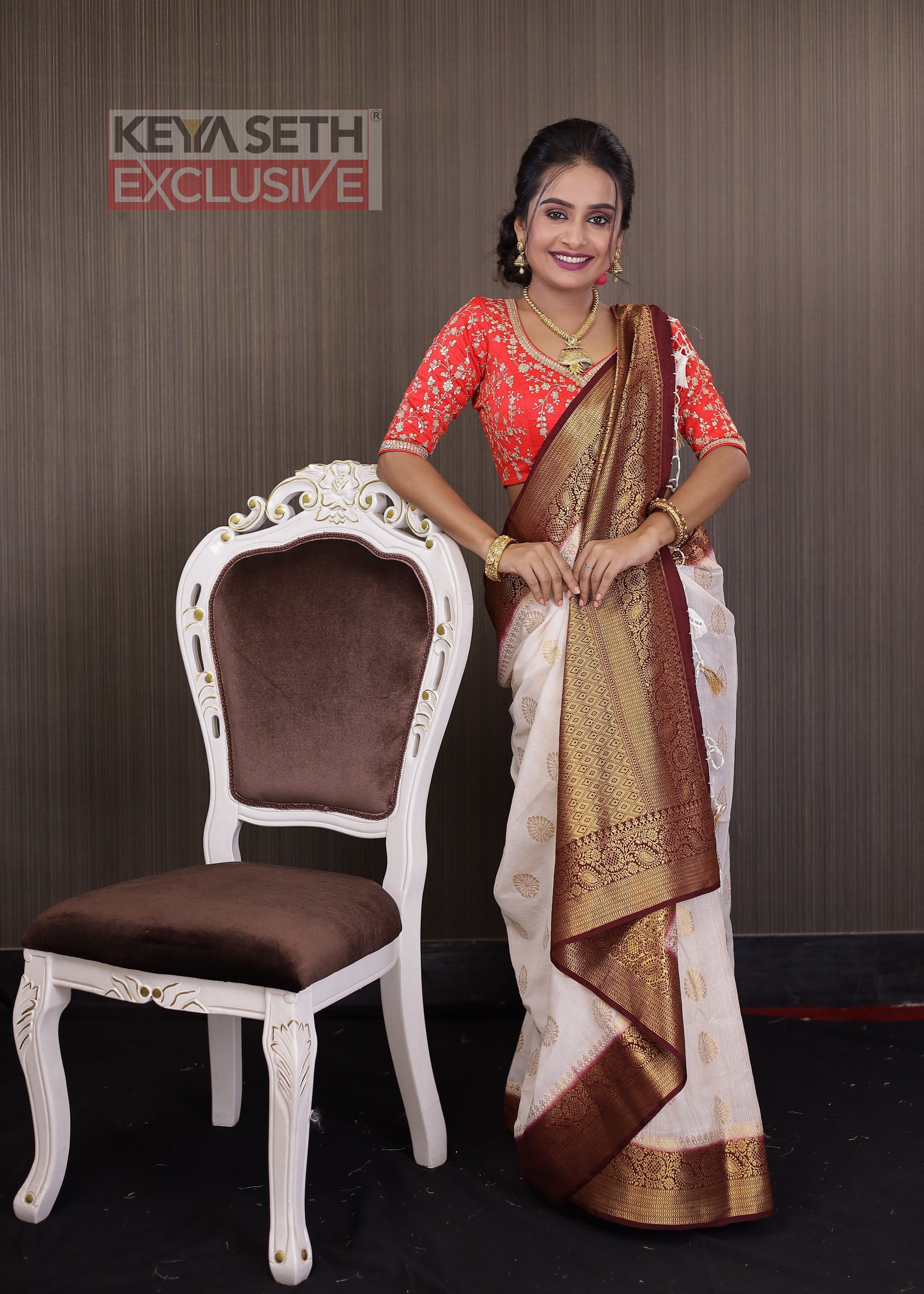 White with Maroon Matka Saree - Keya Seth Exclusive