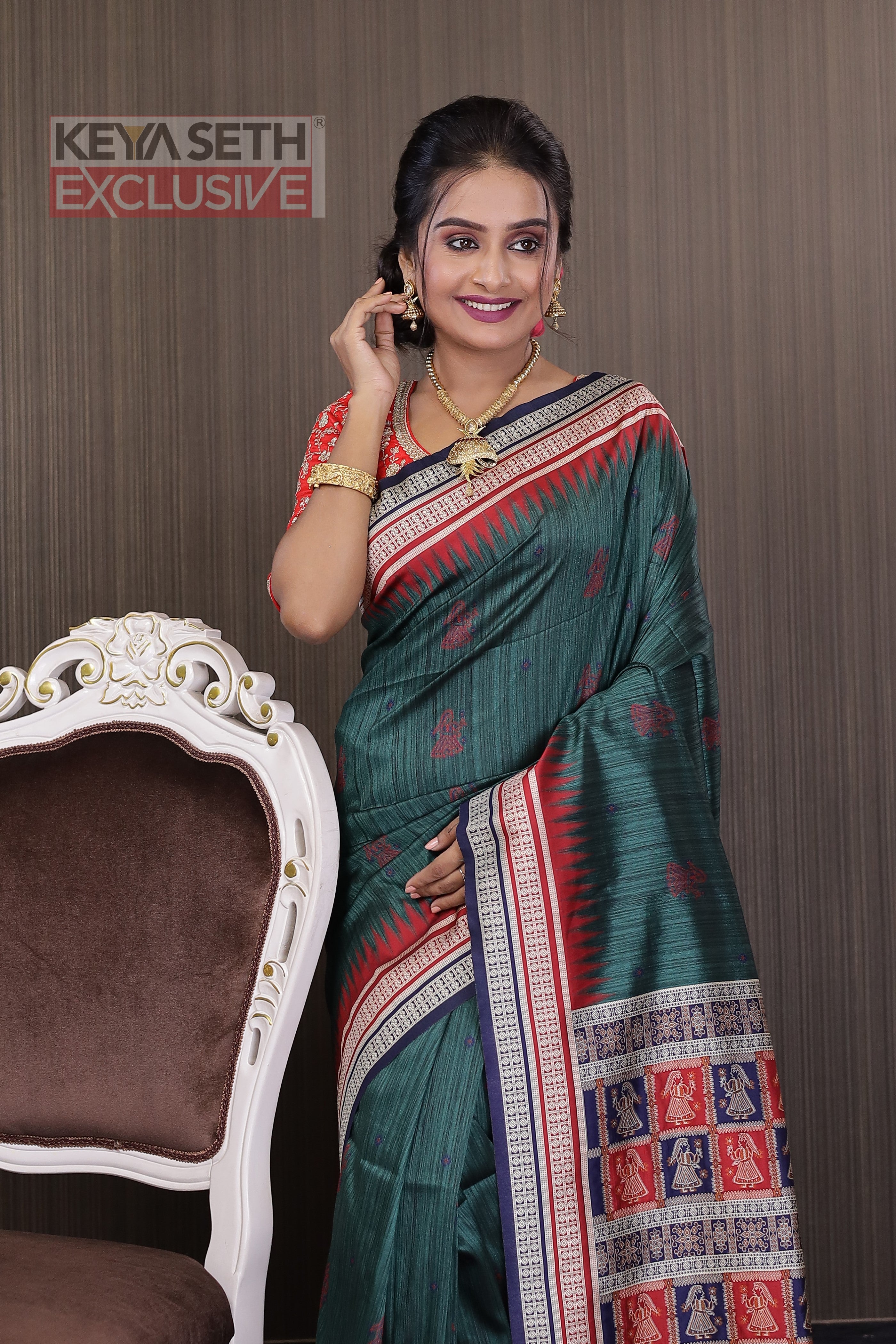 Dark Green Bomkai Tussar Saree - Keya Seth Exclusive