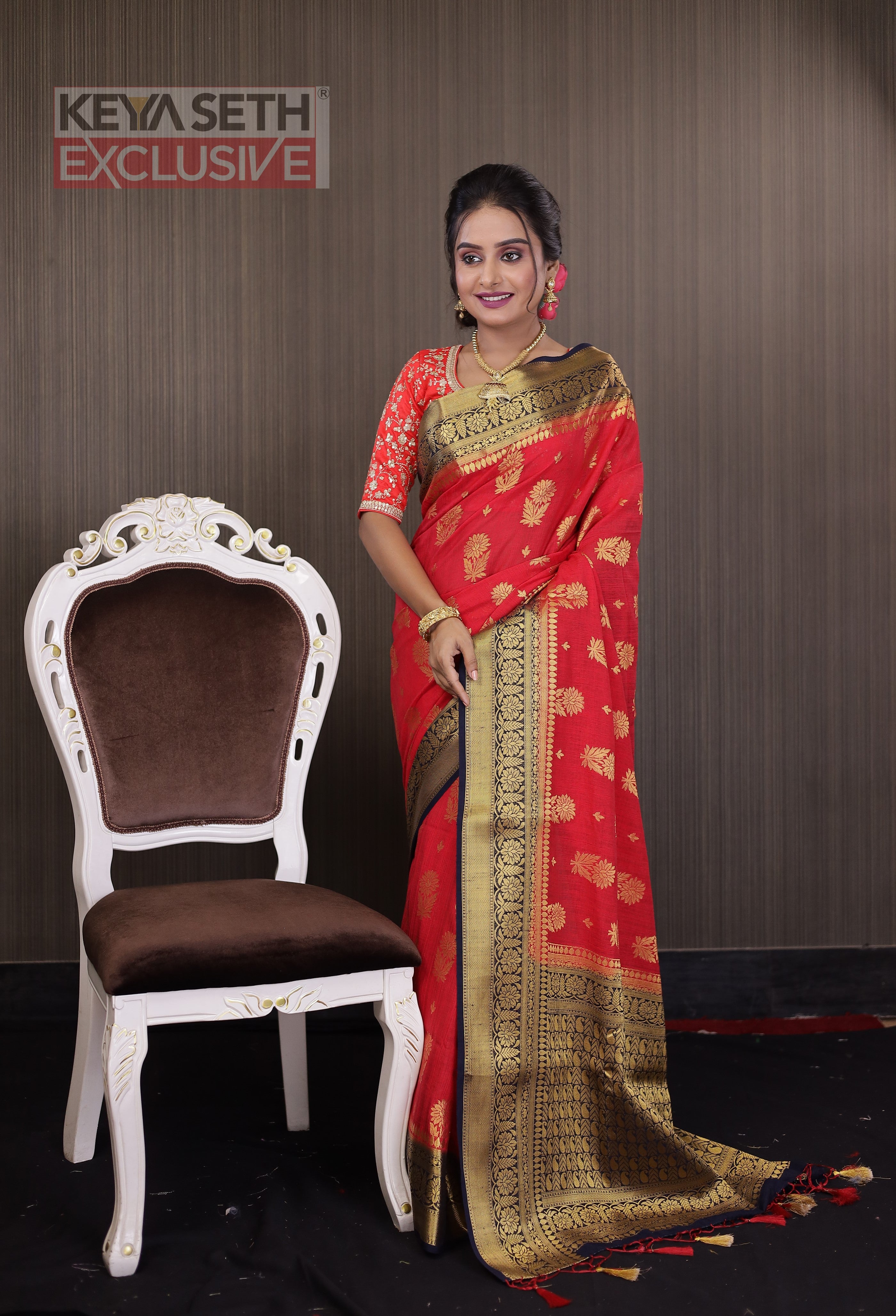 Red Matka Saree with Black Border - Keya Seth Exclusive