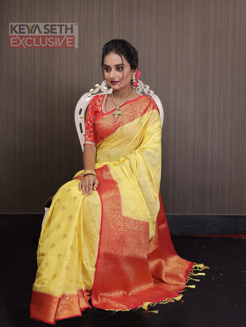 Yellow Matka Saree with Red Border - Keya Seth Exclusive