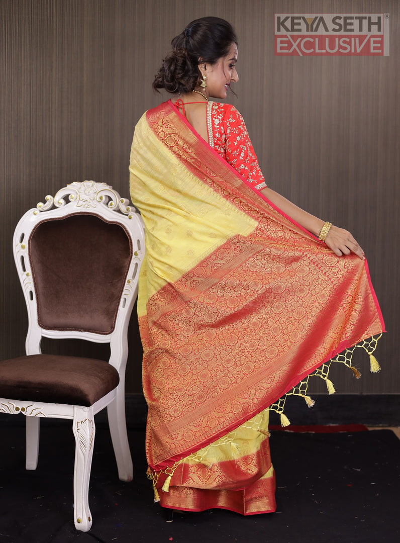 Yellow Matka Saree with Red Border - Keya Seth Exclusive