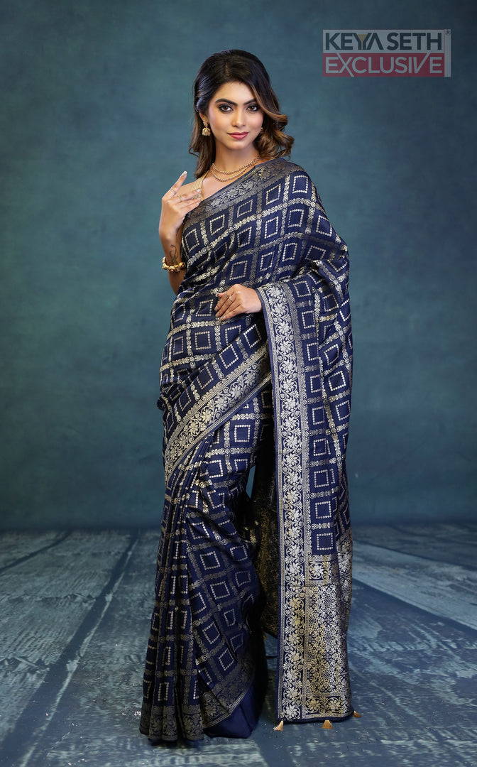 Navy Blue Dola Silk Saree - Keya Seth Exclusive