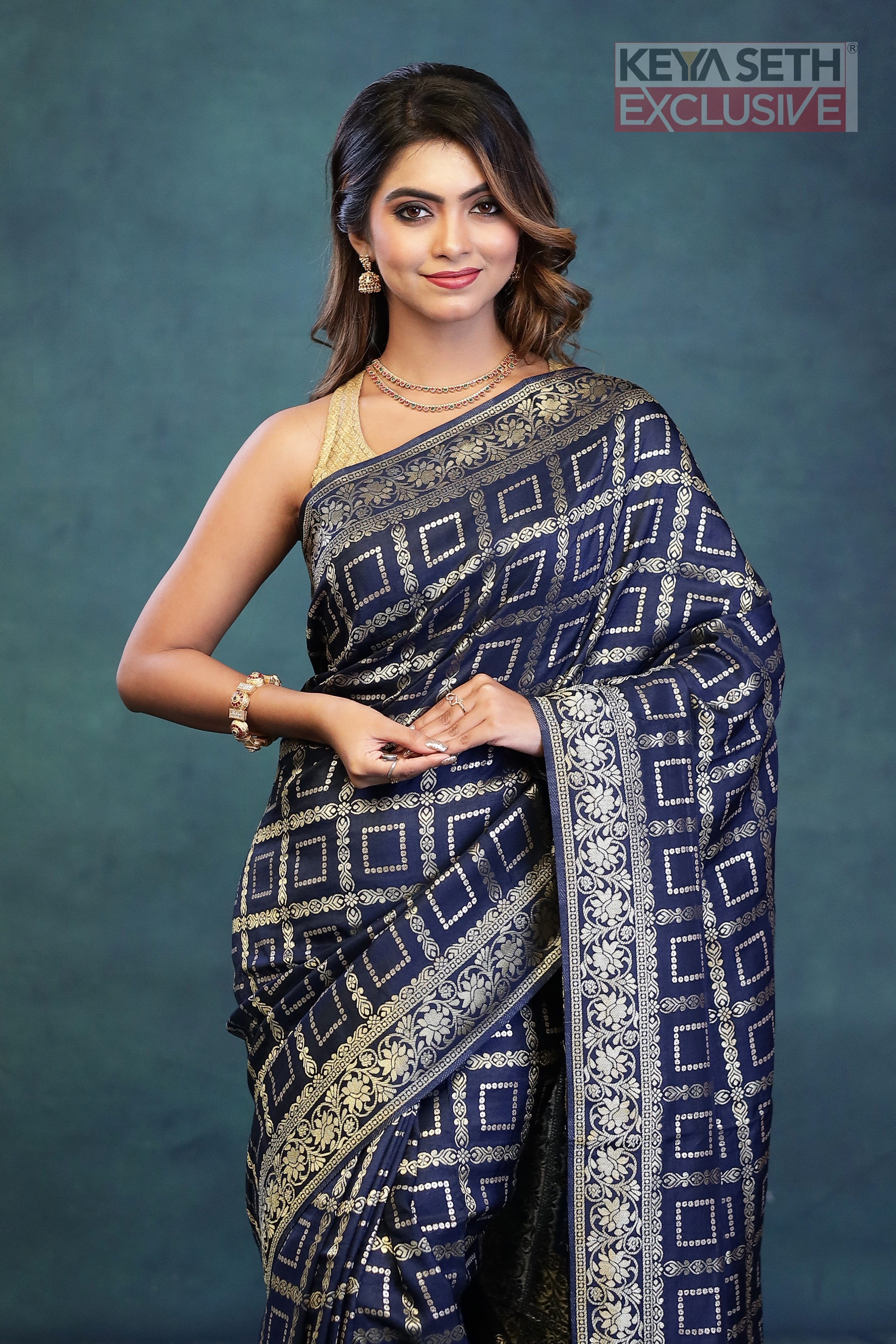 Navy Blue Dola Silk Saree - Keya Seth Exclusive