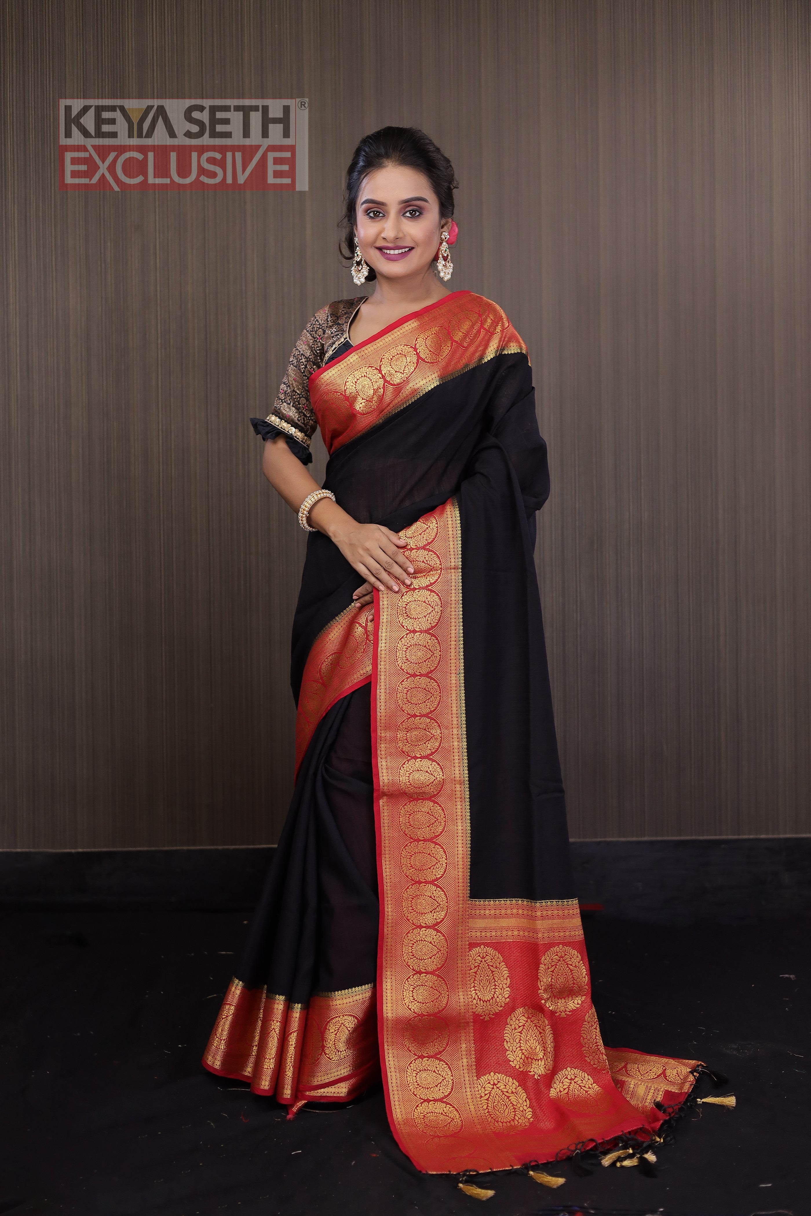 Black Matka Saree with Red Border - Keya Seth Exclusive