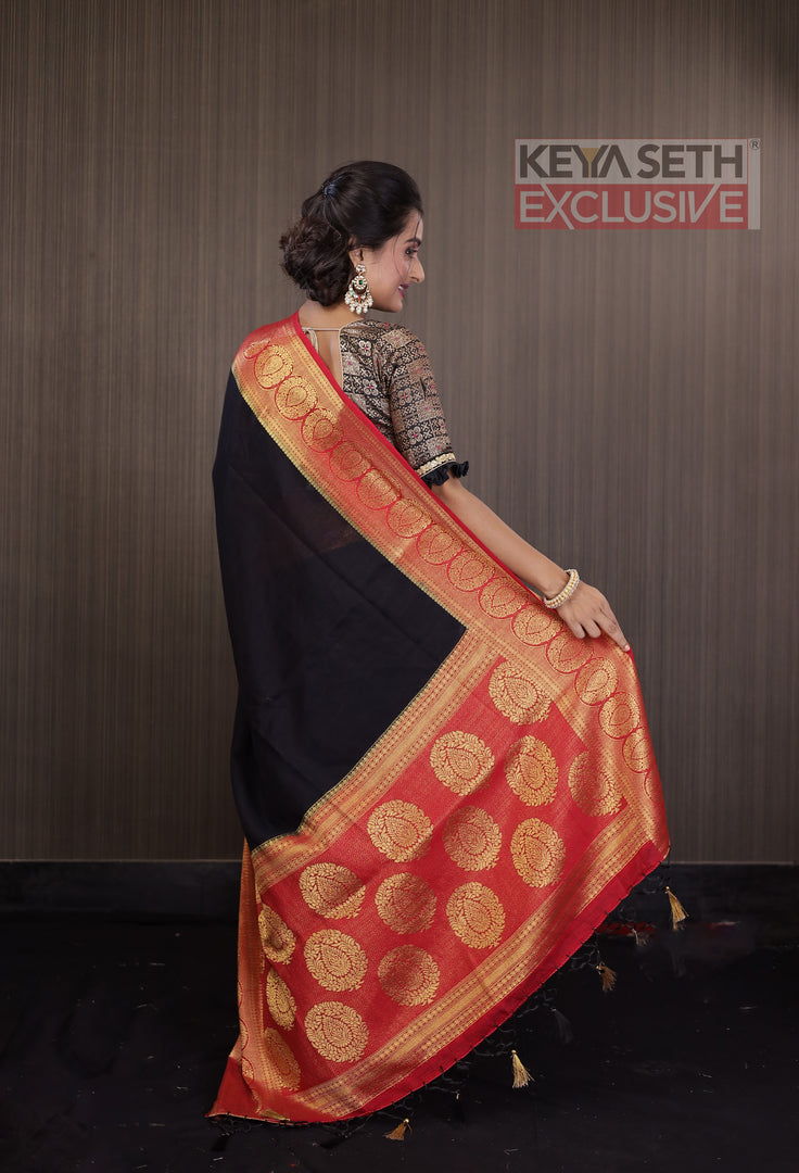 Black Matka Saree with Red Border - Keya Seth Exclusive