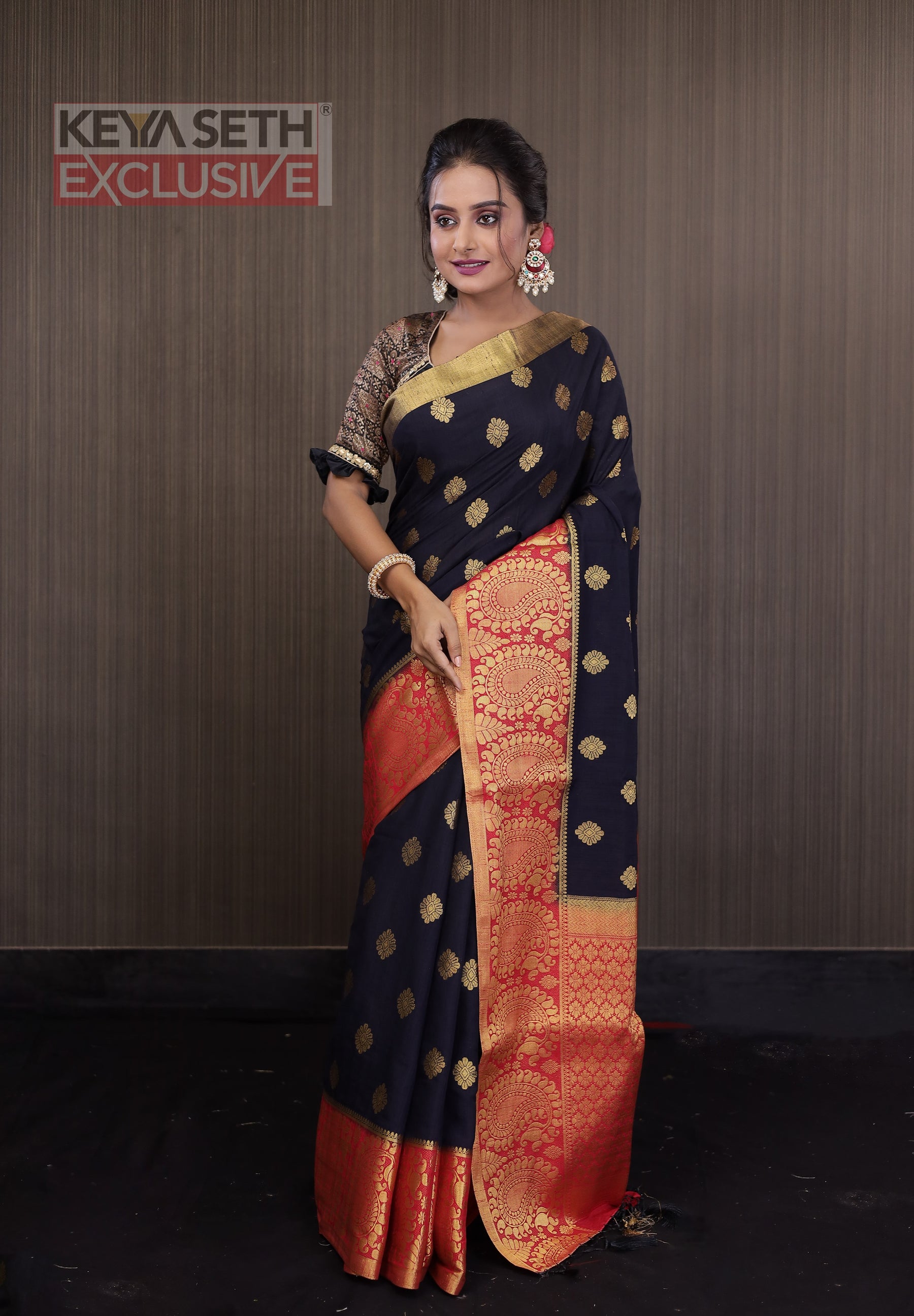 Black Matka Saree with Red Border and Golden Zari - Keya Seth Exclusive