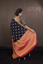 Load image into Gallery viewer, Black Matka Saree with Red Border and Golden Zari - Keya Seth Exclusive