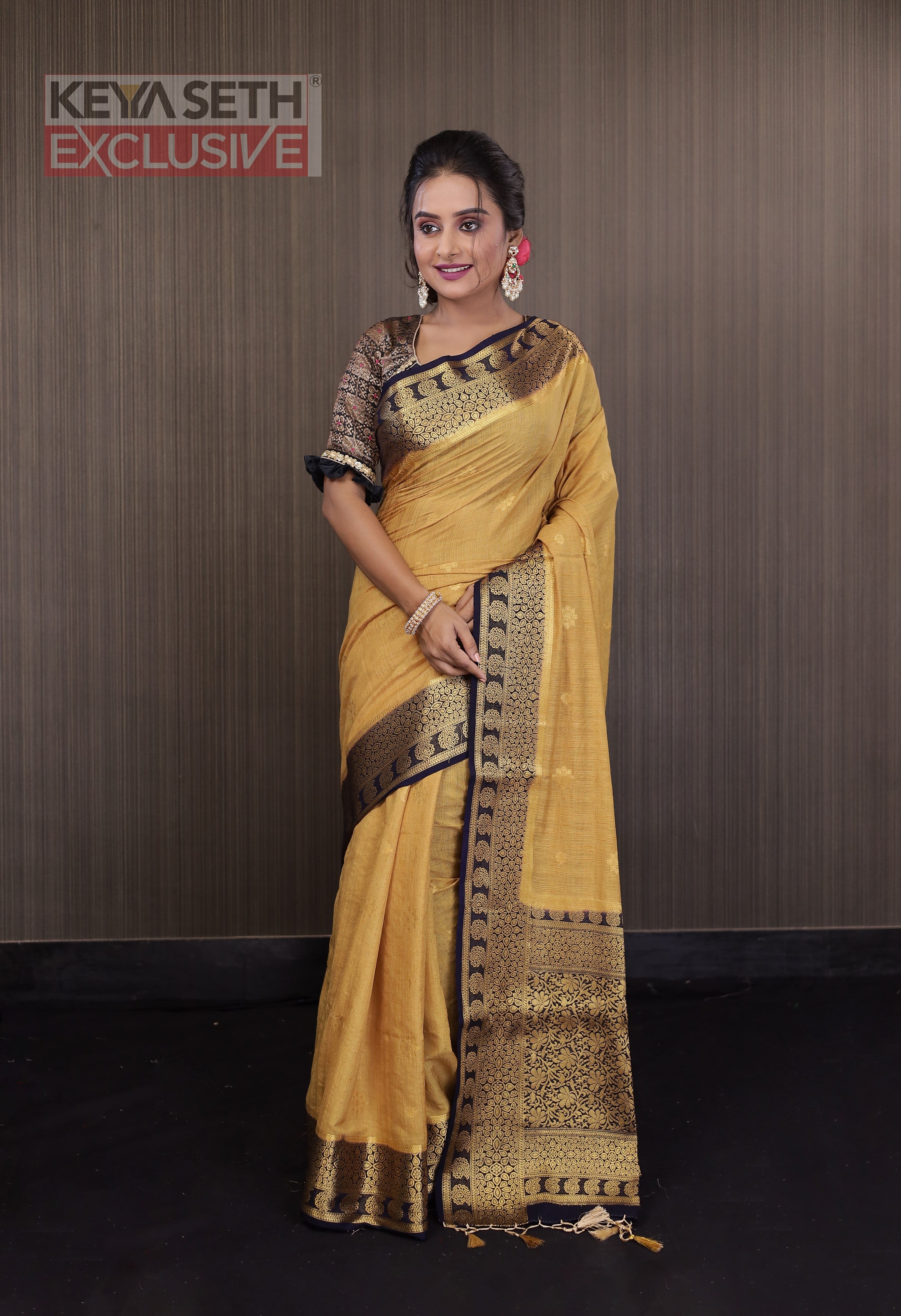 Golden Matka Saree with Black Border - Keya Seth Exclusive