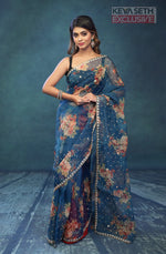 Load image into Gallery viewer, Blue Floral Soft Organza Saree - Keya Seth Exclusive