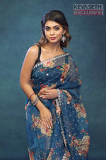 Load image into Gallery viewer, Blue Floral Soft Organza Saree - Keya Seth Exclusive